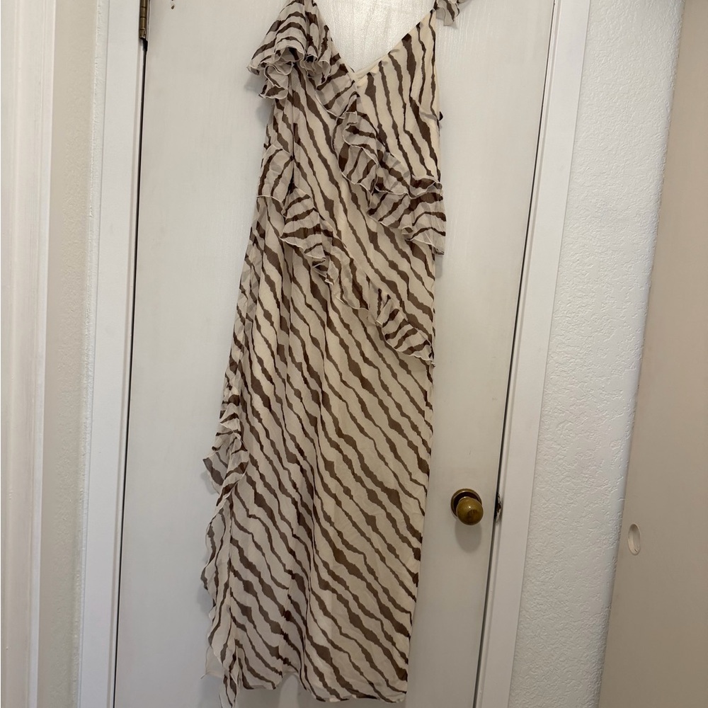 Chic Asymmetrical Cream and Brown Striped Dress